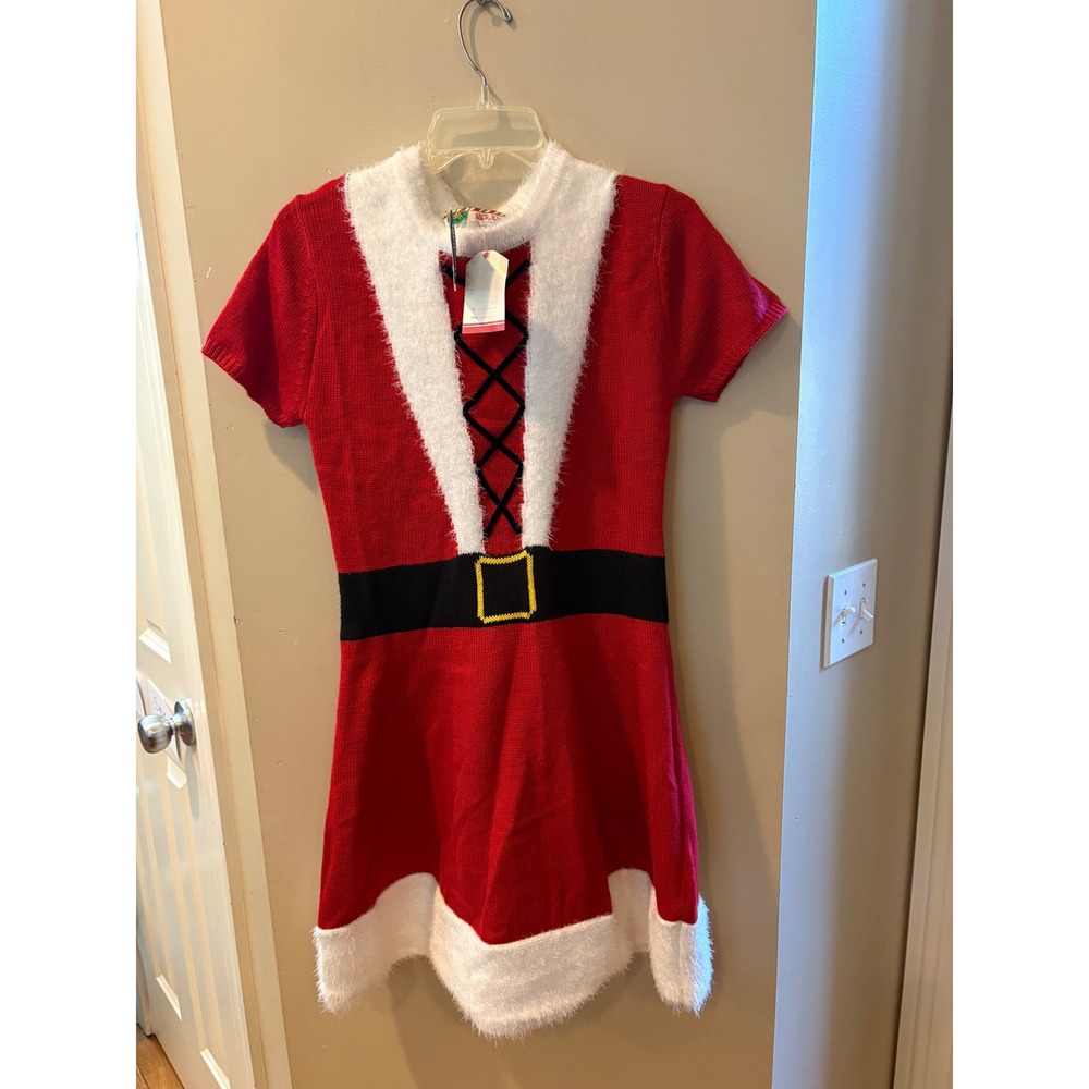 New Merry Christmas Red Mrs Claus Knit Sweater Dress Short Sleeve Faux Fur Trim
